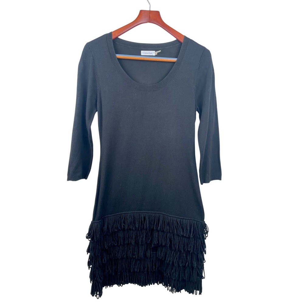 Calvin Klein Dress Sz M Boho Fringe Stretchy Knit Statement Witchy Party Wedding